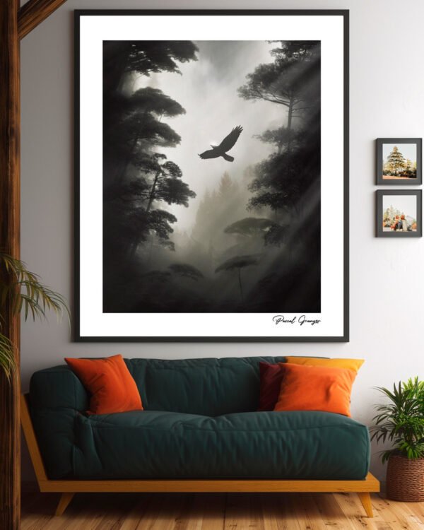 Mise en situation du tableau artistique "L'esprit de la forêt" accroché sur le mur d'un salon