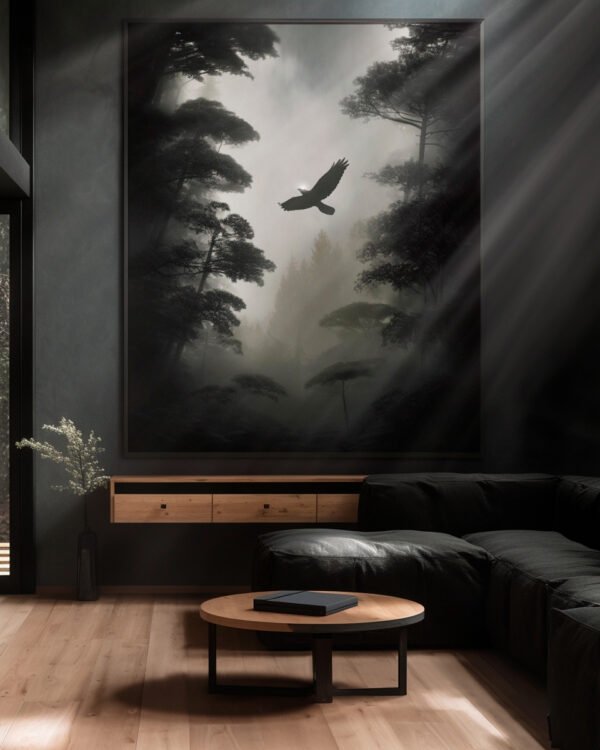 Mise en situation du tableau artistique "L'esprit de la forêt" accroché sur le mur d'un salon