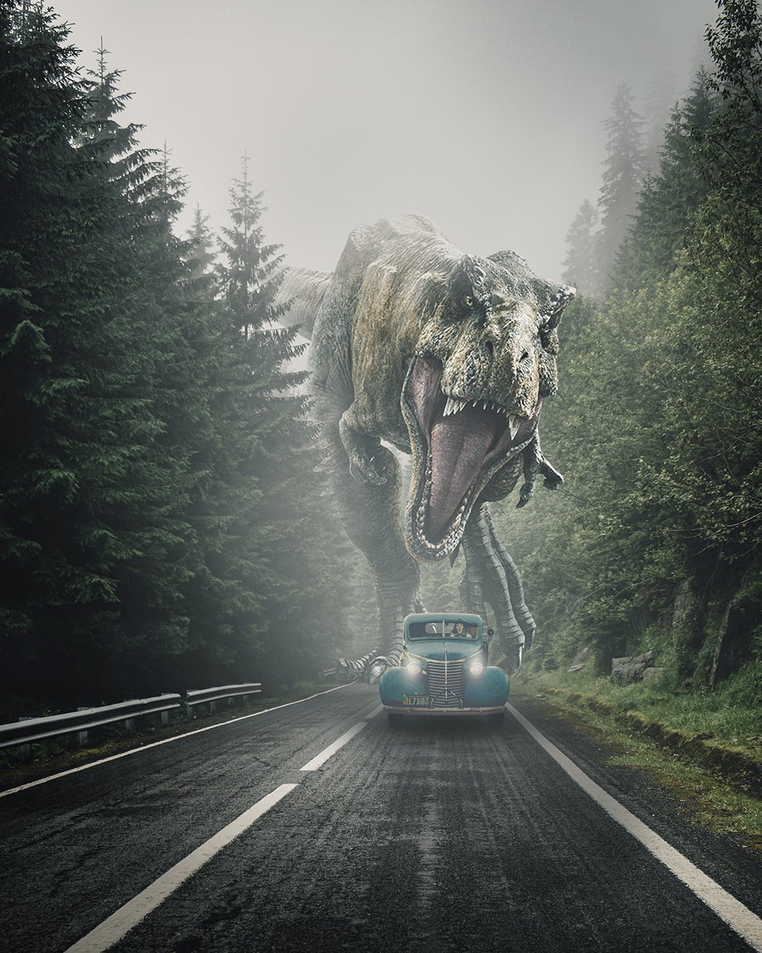 Tableau artistique 'Plus vite" représentant un T-rex à la poursuite d'une voiture roulant à toute vitesse.