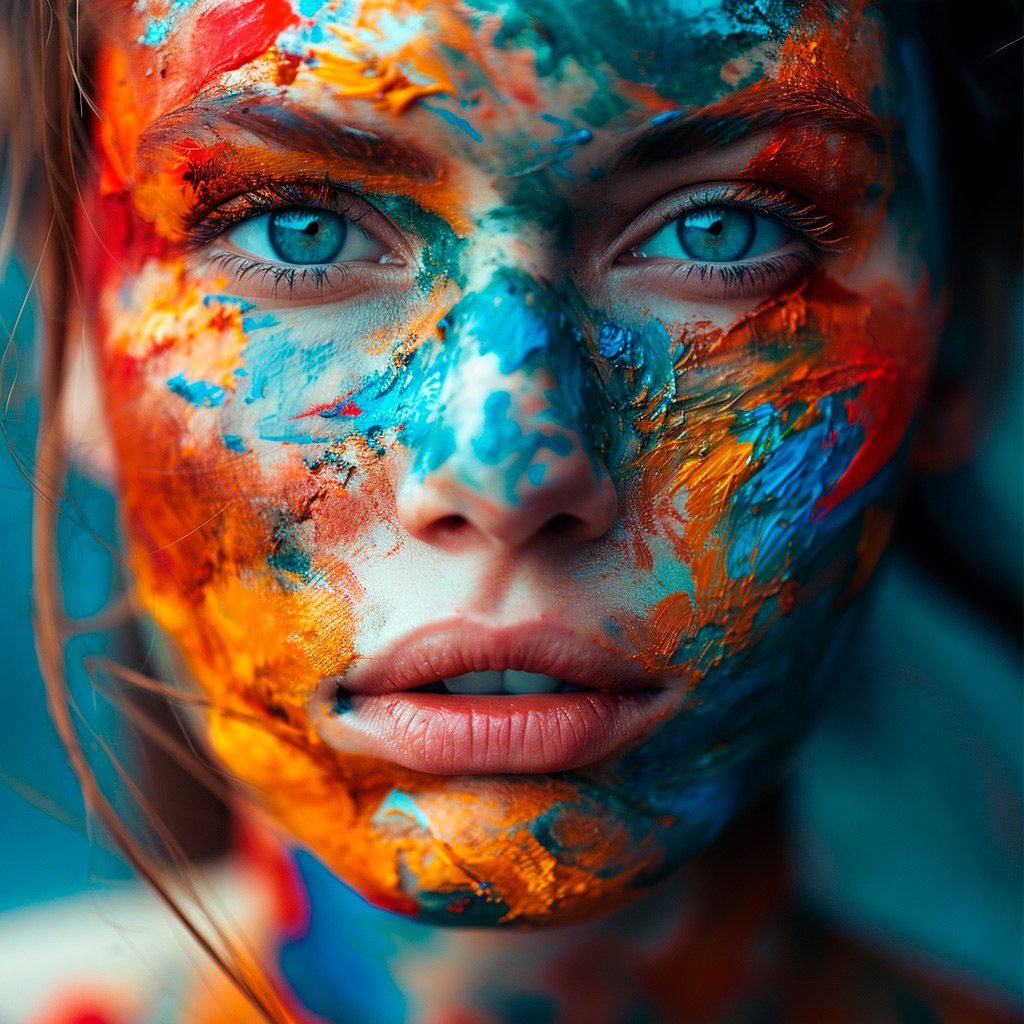 Tableau artistique "Artiste Digital" représentant le visage d'une femme recouverte de peintures très vives.