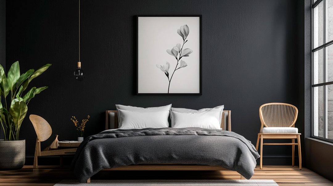 Représentation d'une photographie noir et blanc minimaliste dans une chambre à couché