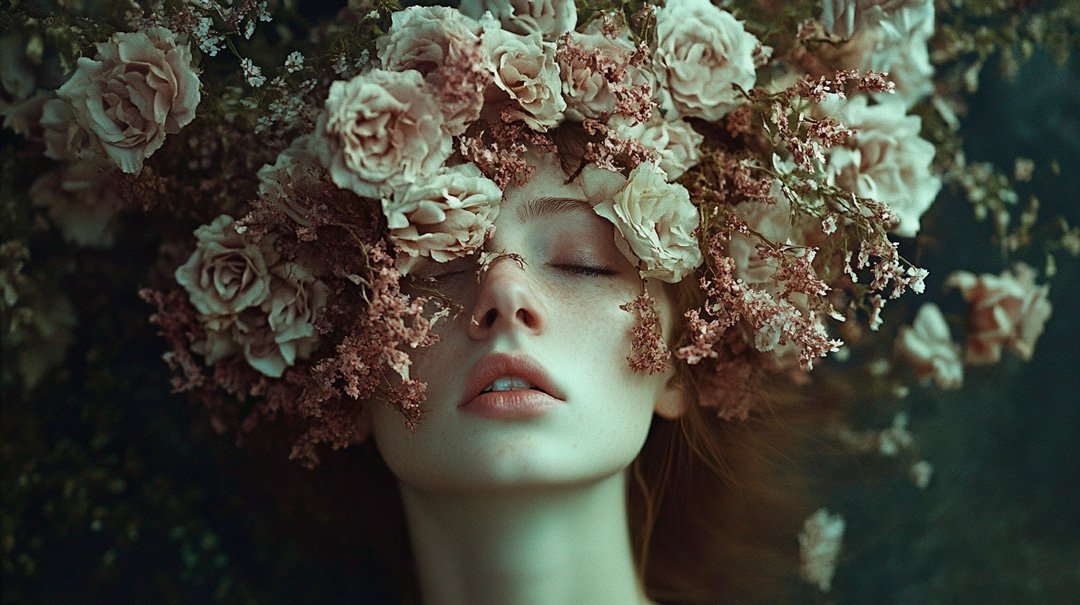 Photographie conceptuelle d'une femme avec une chevelure de fleurs