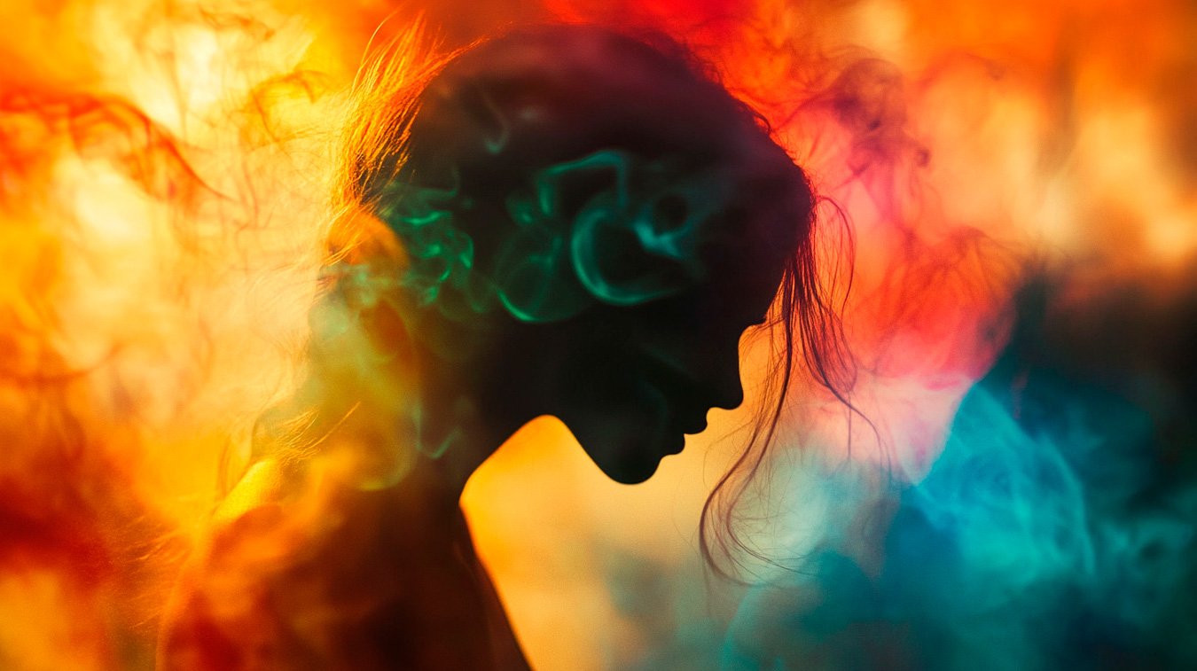 Photographie conceptuelle d'une femme dans un nuage de fumée coloré