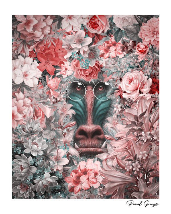 Tableau artistique "Rêverie Florale" représentant la tête d'un mandrill au milieu d'une centaine de fleurs