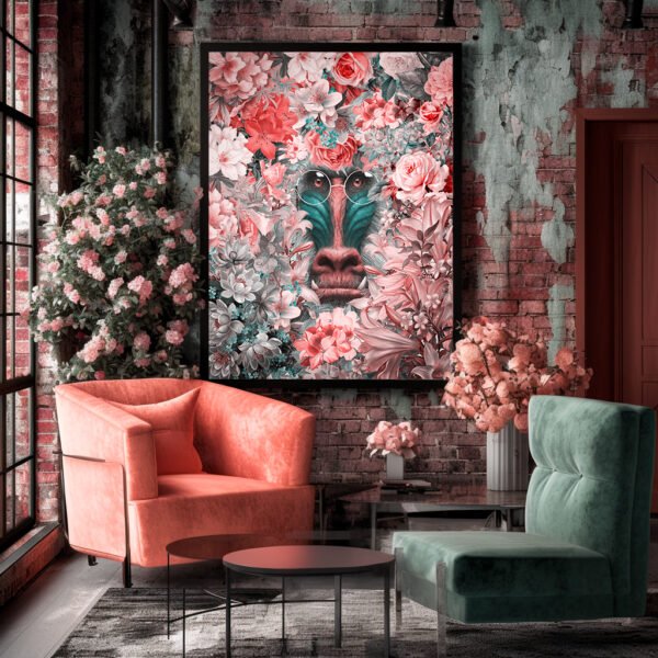 Mise en situation du tableau artistique "Rêverie Florale" accroché sur le mur d'un salon