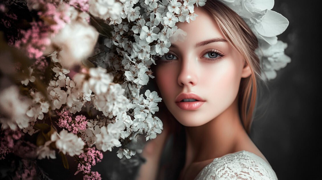 Photographie artistique d'une femme derrière un bouquet de fleurs