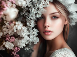 Photographie artistique d'une femme derrière un bouquet de fleurs