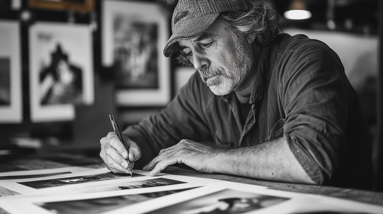 Artististe-sigant-ses-oeuvres Photographie d'un artiste signant ses photos pour les vendre