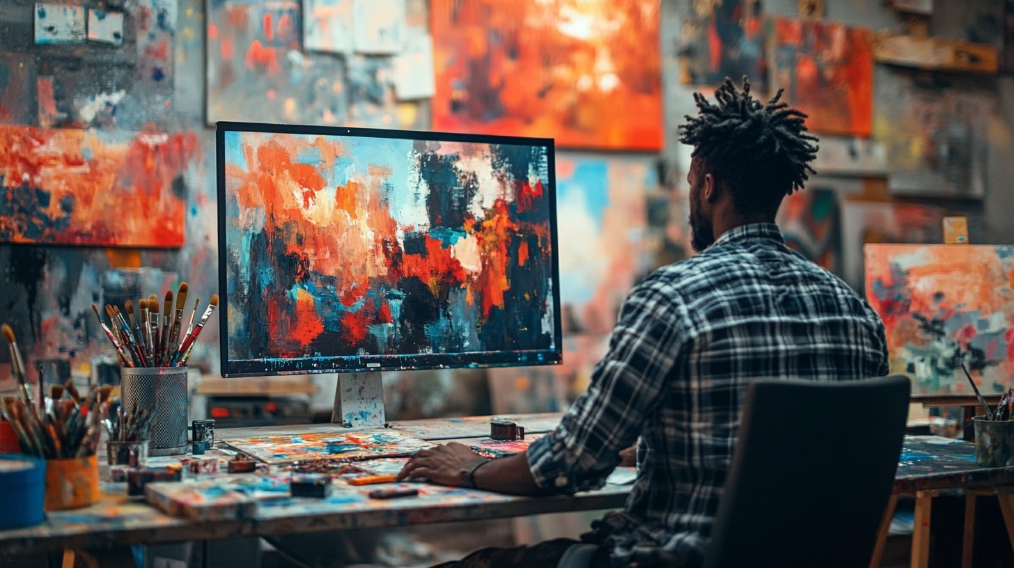 Artiste-digital-painting Artiste peintre réalisant une peinture sur l'écran de son ordinateur