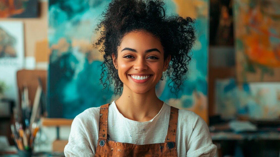Art et bien-être : Comment la Créativité Améliore la Santé Mentale et Émotionnelle 1 Art et bien-être. Une personne souriante et détendue devant sa toile