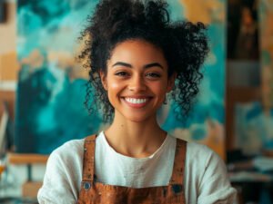 Art et bien-être. Une personne souriante et détendue devant sa toile