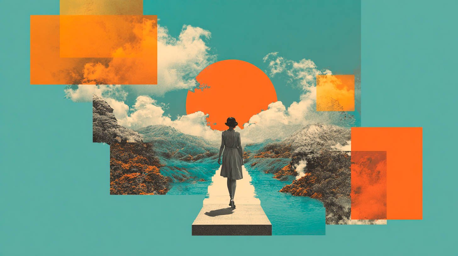 Collage numerique 1 Tableau d'un collage numérique mer montagne et soleil