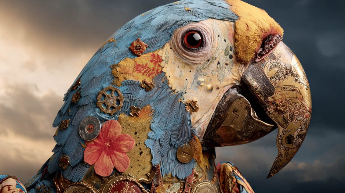Collage numérique : Définition, techniques et étapes pour créer un style artistique unique 1 Tableau d'un collage numérique d'une tête de perroquet